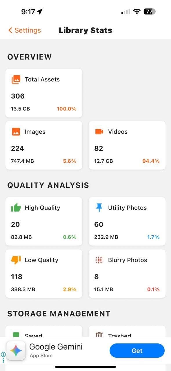 User 1 stats β 306 assets, 118 low quality, 8 blurry